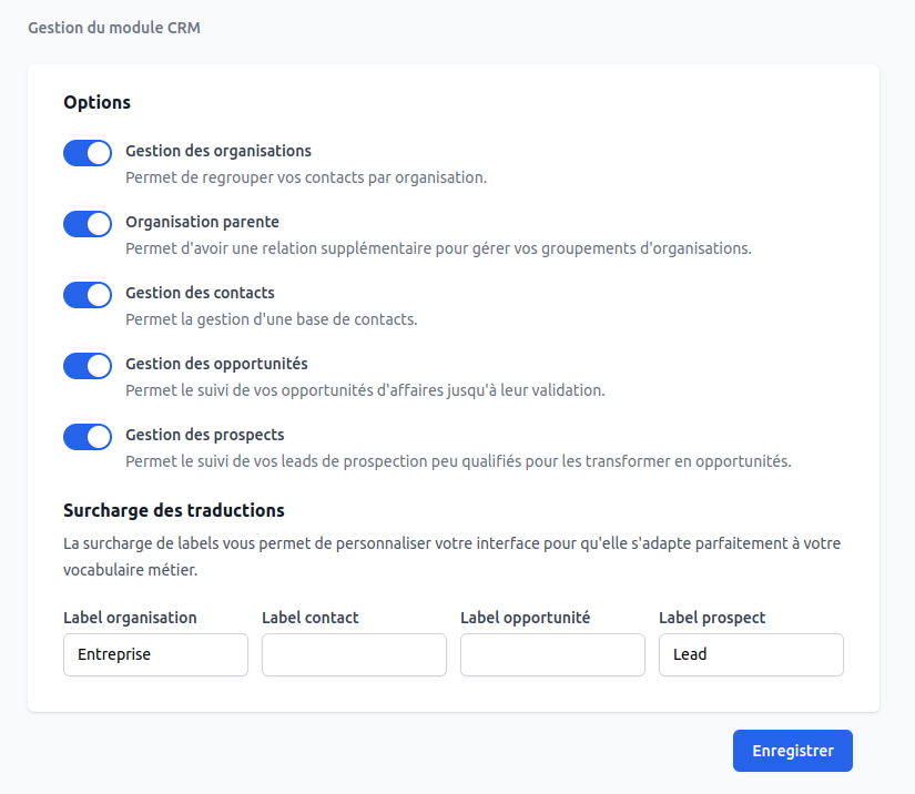 Options de paramétage du module CRM