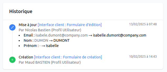 Historique de modification d'un contact