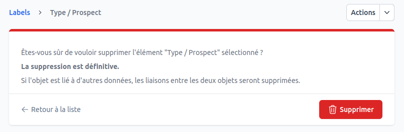 Écran de suppression d'un label