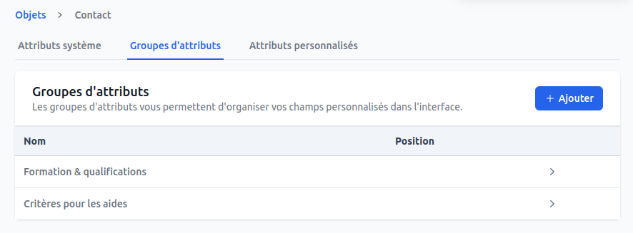 Paramétrage d'un groupe d'attributs