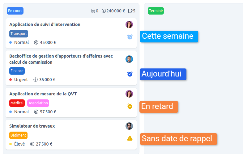 Visualisation de la date de rappel dans les vues kanban