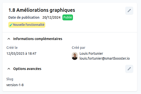 Propriétés d'un élément de changelog