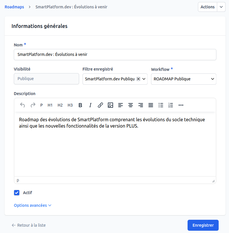 Formulaire d'édition d'une roadmap