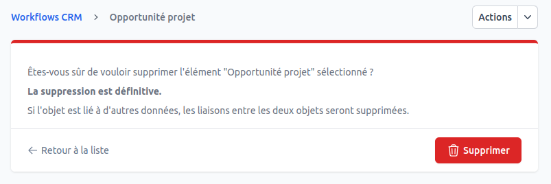 Écran de suppression d'un workflow